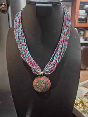 Vintage Bohemian style seed bead coral and turquoise necklace